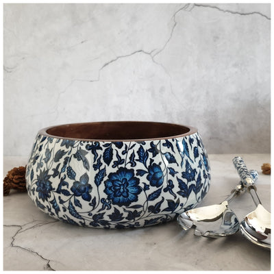Salad Bowl - Large - Stainless Steel Servers - Indigo Blue Floral