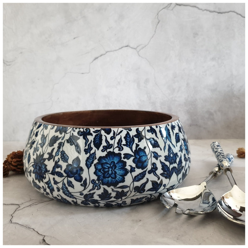 Salad Bowl - Large - Stainless Steel Servers - Indigo Blue Floral