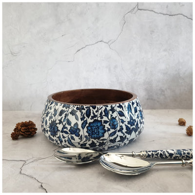 Salad Bowl - Large - Stainless Steel Servers - Indigo Blue Floral