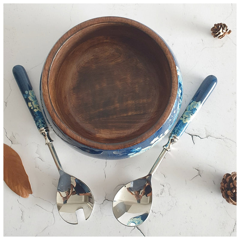 Salad Bowl - Medium - Stainless Steel Servers - Denim Blue Floral
