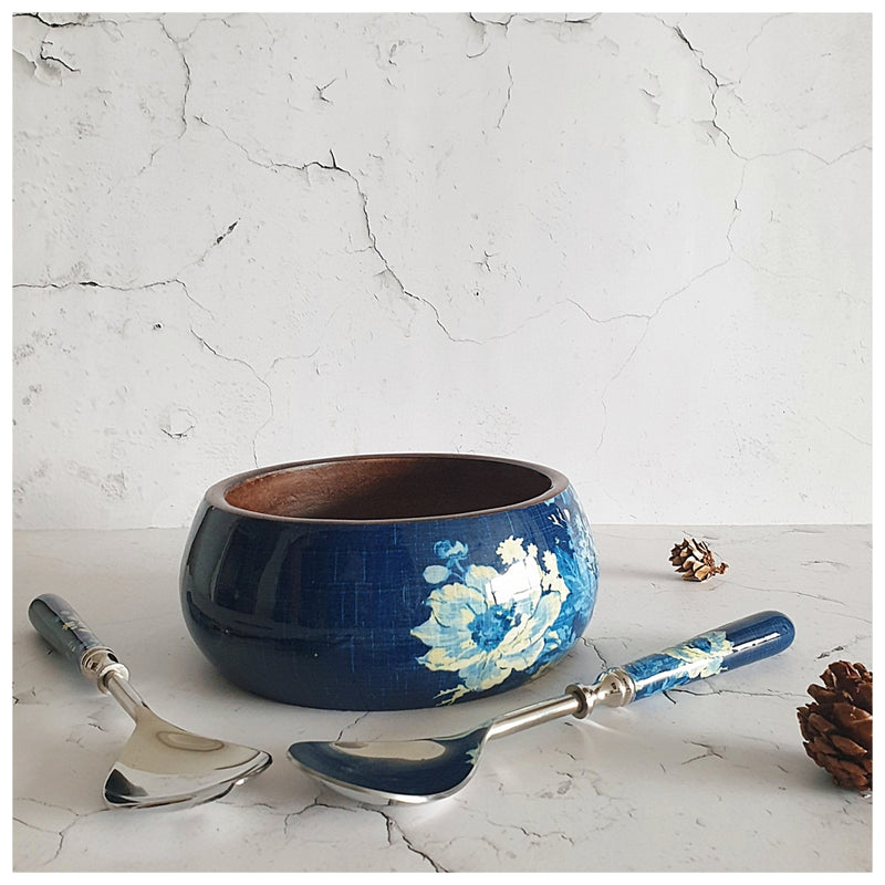 Salad Bowl - Medium - Stainless Steel Servers - Denim Blue Floral