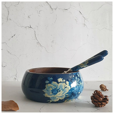 Salad Bowl - Medium - Stainless Steel Servers - Denim Blue Floral