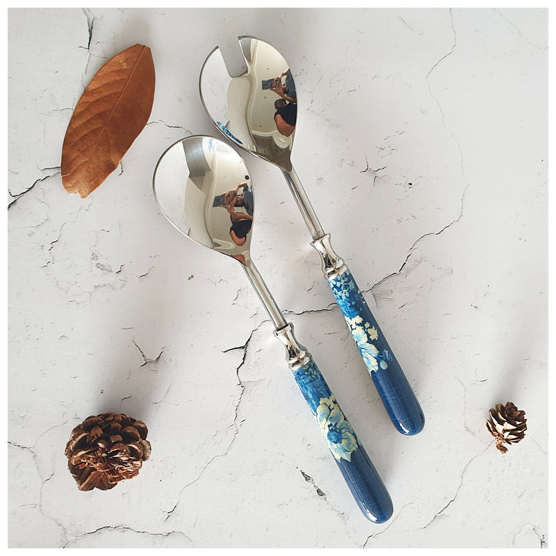 Salad Bowl - Medium - Stainless Steel Servers - Denim Blue Floral