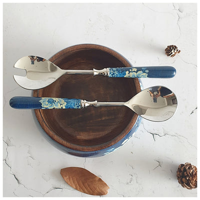 Salad Bowl - Medium - Stainless Steel Servers - Denim Blue Floral