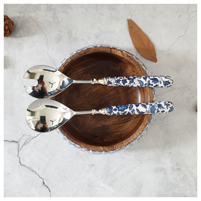 Salad Bowl - Medium - Stainless Steel Servers - Indigo Blue Floral