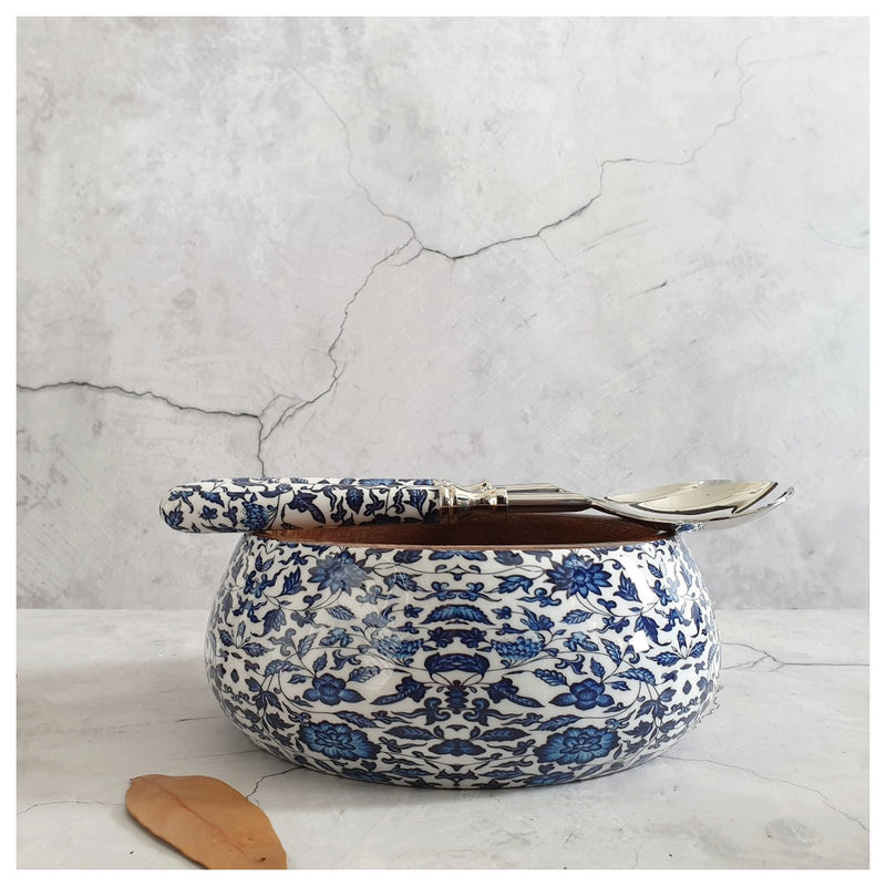 Salad Bowl - Medium - Stainless Steel Servers - Indigo Blue Floral