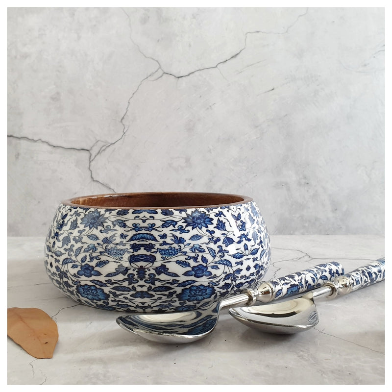 Salad Bowl - Medium - Stainless Steel Servers - Indigo Blue Floral