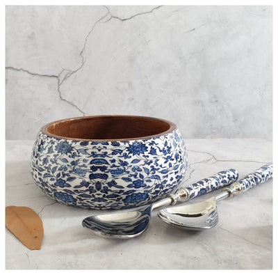 Salad Bowl - Medium - Stainless Steel Servers - Indigo Blue Floral