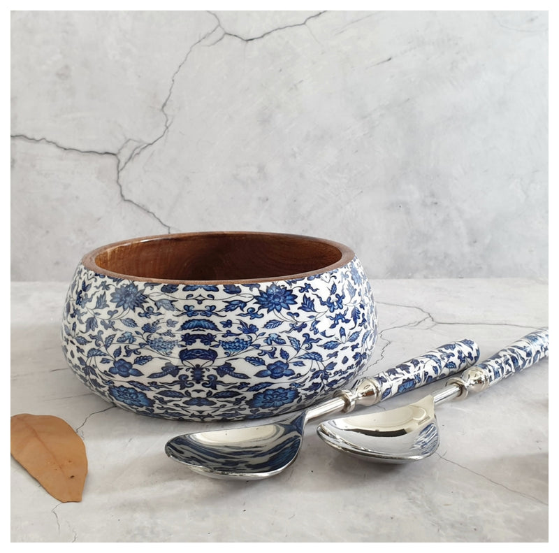 Salad Bowl - Medium - Stainless Steel Servers - Indigo Blue Floral