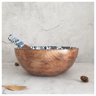 Salad Bowl - (X Large) - Wooden Servers - Indigo Blue Floral