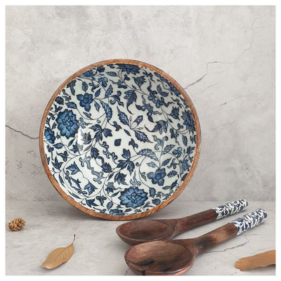 Salad Bowl - (X Large) - Wooden Servers - Indigo Blue Floral