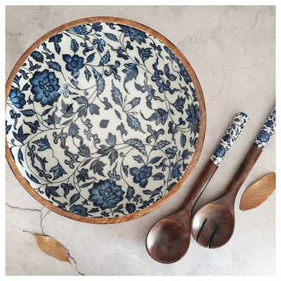 Salad Bowl - (X Large) - Wooden Servers - Indigo Blue Floral