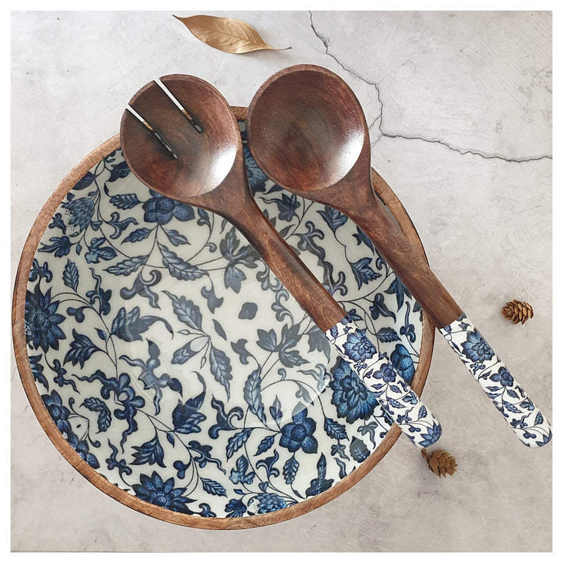 Salad Bowl - (X Large) - Wooden Servers - Indigo Blue Floral