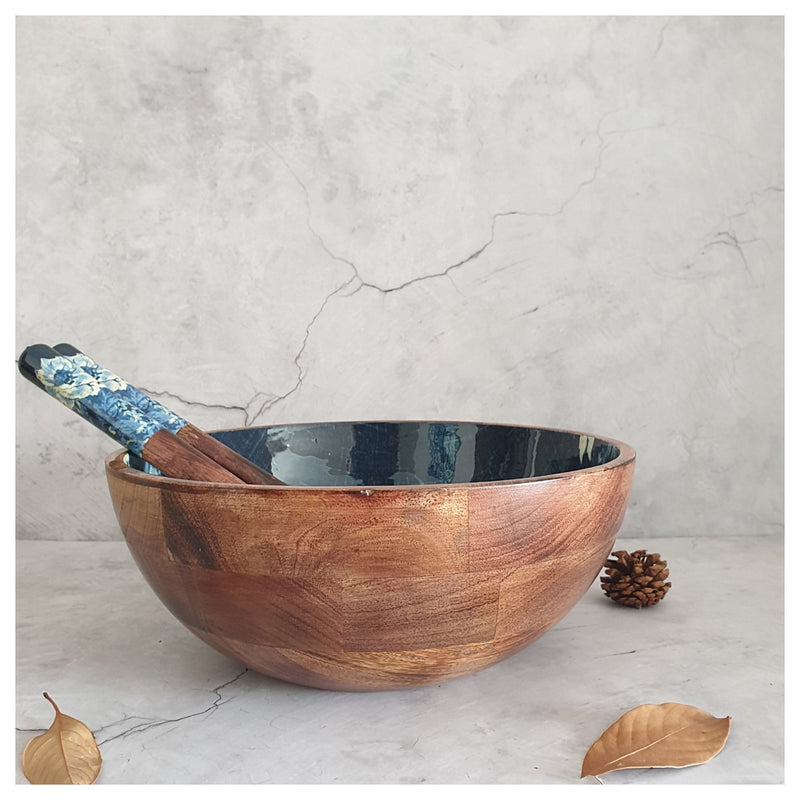 Salad Bowl - (X Large) - Wooden Servers - Denim Blue Floral