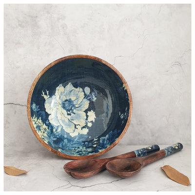 Salad Bowl - (X Large) - Wooden Servers - Denim Blue Floral