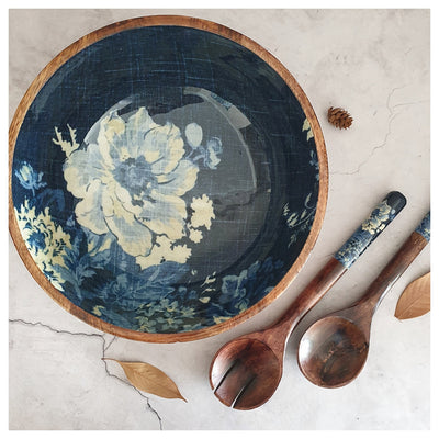 Salad Bowl - (X Large) - Wooden Servers - Denim Blue Floral