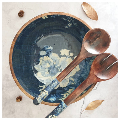 Salad Bowl - (X Large) - Wooden Servers - Denim Blue Floral