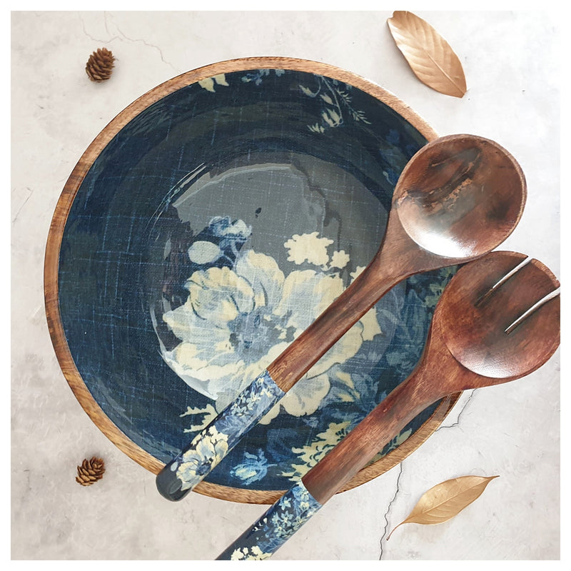 Salad Bowl - (X Large) - Wooden Servers - Denim Blue Floral