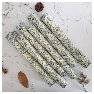 TABLEMATS & NAPKINS IN COTTON -  Mykonos Blue (Set of 6 each)