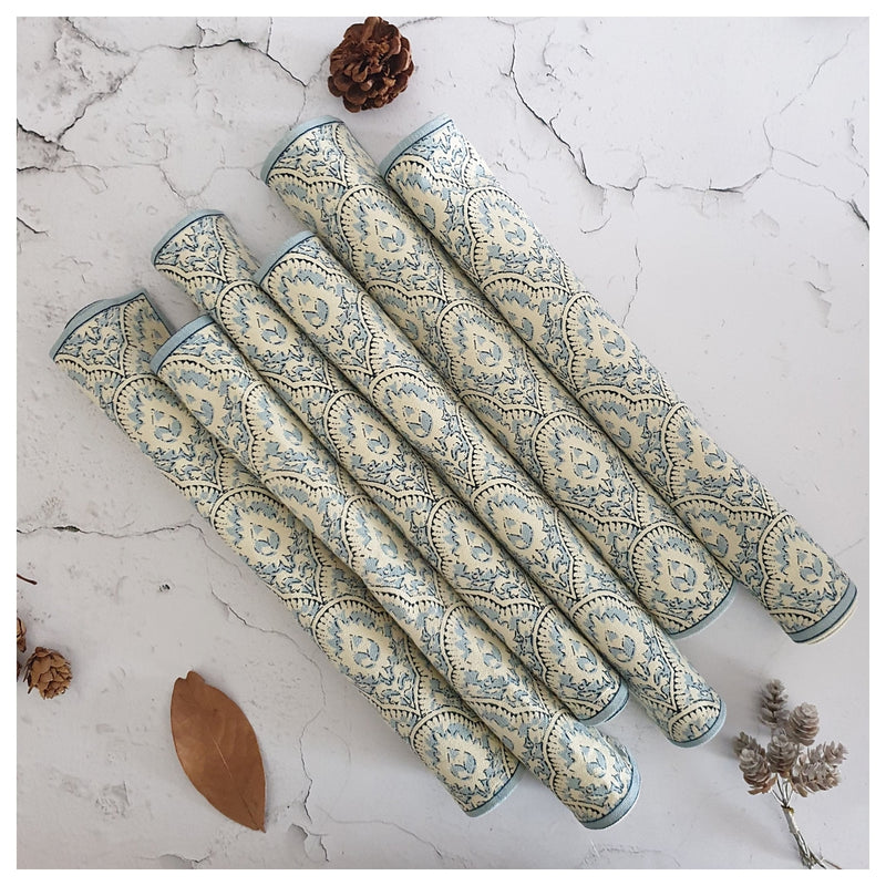 TABLEMATS & NAPKINS IN COTTON -  Mykonos Blue (Set of 6 each)