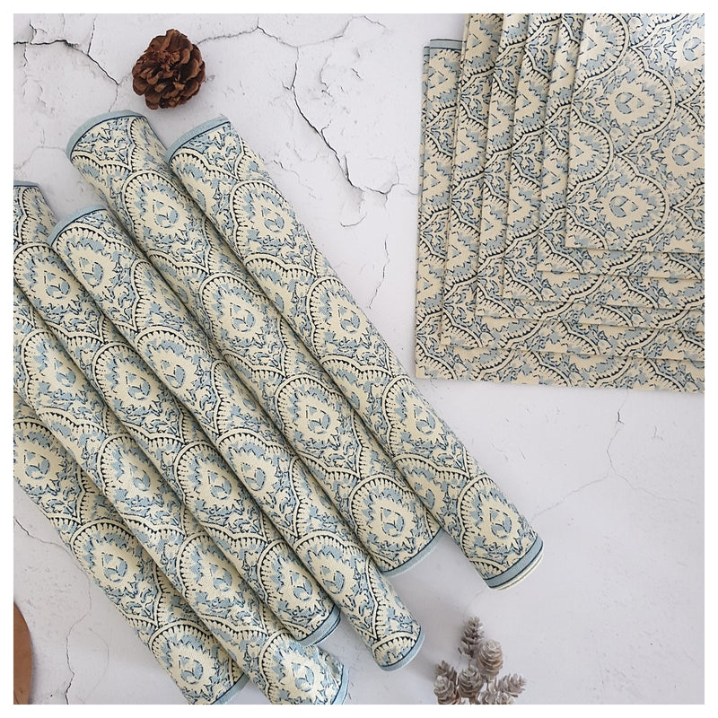 TABLEMATS & NAPKINS IN COTTON -  Mykonos Blue (Set of 6 each)