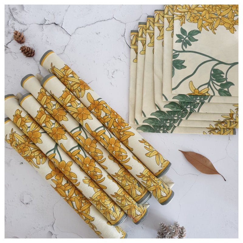 TABLEMATS & NAPKINS IN COTTON -  Yellow Blossom (Set of 6 each)
