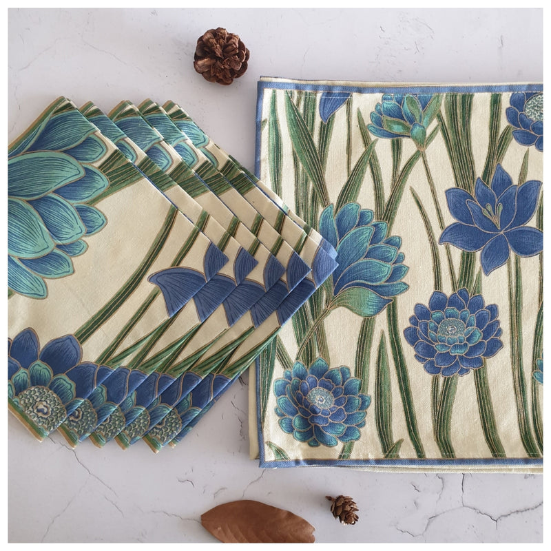 TABLEMATS & NAPKINS IN COTTON -  Floral Blue (Set of 6 each)
