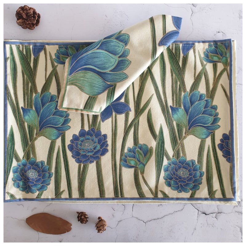 TABLEMATS & NAPKINS IN COTTON -  Floral Blue (Set of 6 each)
