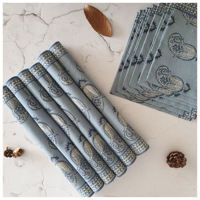 TABLEMATS & NAPKINS IN COTTON -  Paisley Blues (Set of 6 each)