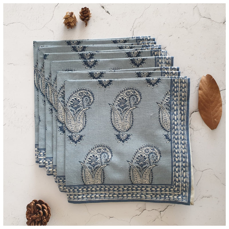 TABLEMATS & NAPKINS IN COTTON -  Paisley Blues (Set of 6 each)