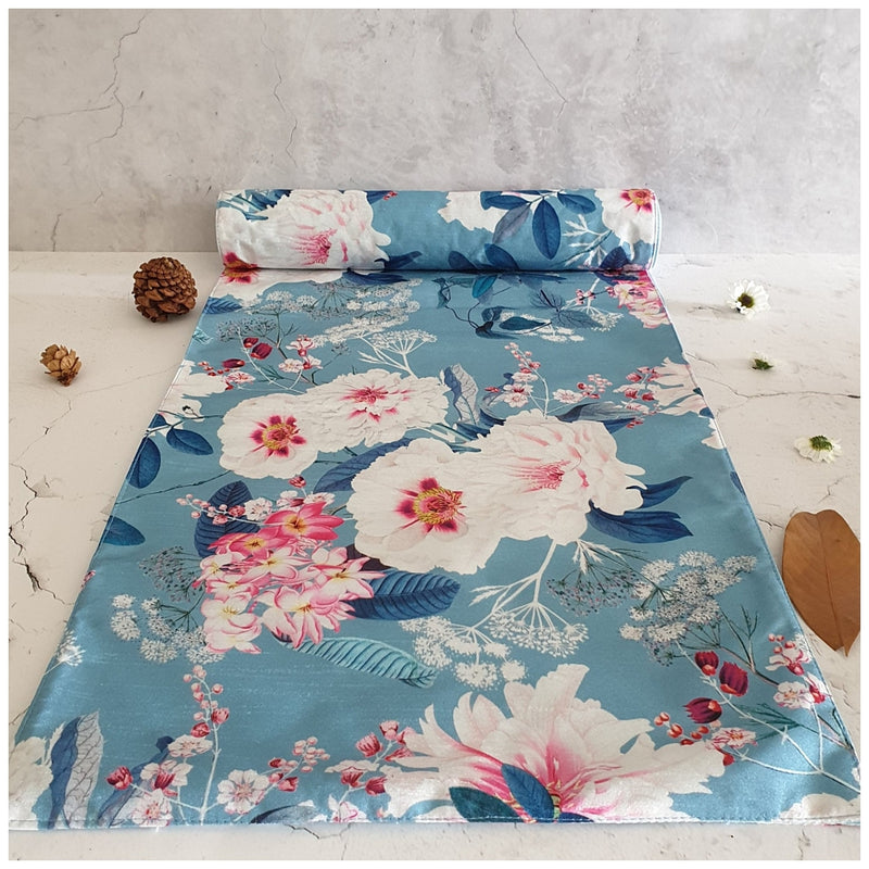 TABLE RUNNER IN DUPON SILK - DESERT ROSE (BLUE)