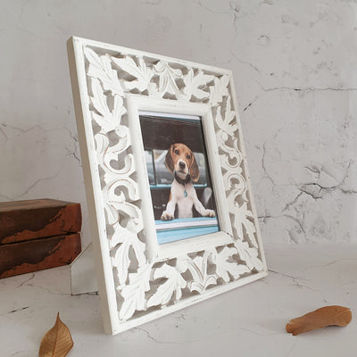 Photo Frame - Distress White - Leaves Carving with border