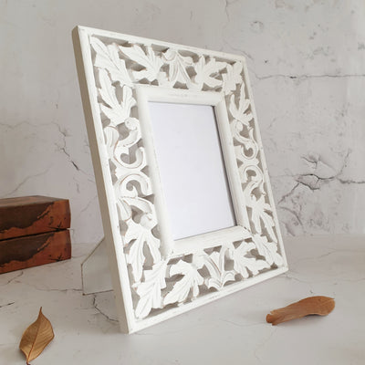 Photo Frame - Distress White - Leaves Carving with border