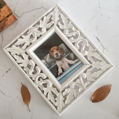 Photo Frame - Distress White - Leaves Carving with border