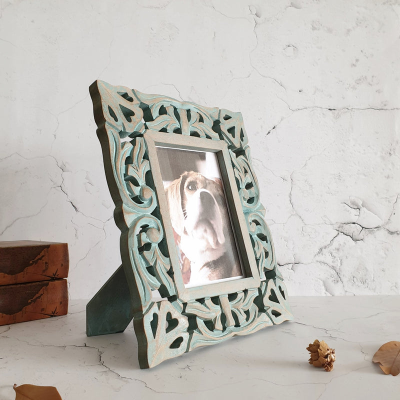 Photo Frame - Distress Blue Green - Heart Carvings