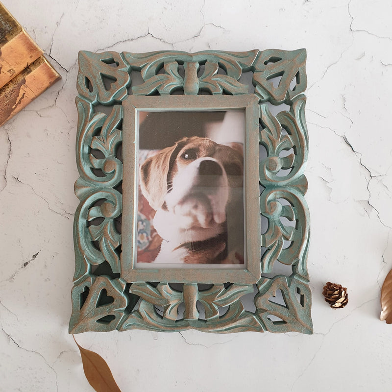 Photo Frame - Distress Blue Green - Heart Carvings