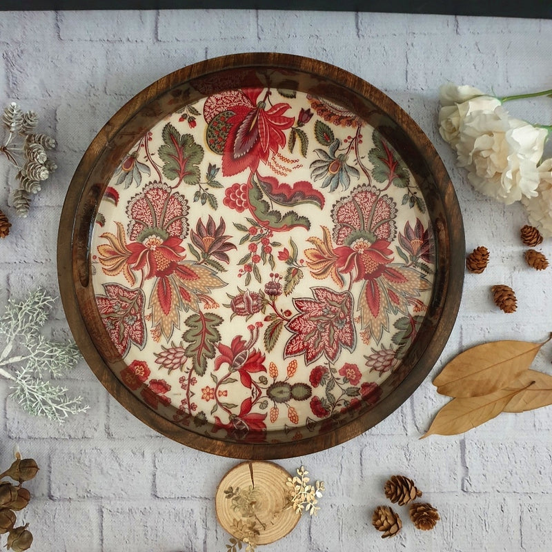 SERVING TRAY WITH HANDLE CUTS - ROUND - KALAMKARI
