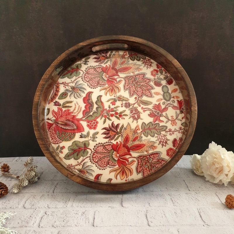 SERVING TRAY WITH HANDLE CUTS - ROUND - KALAMKARI