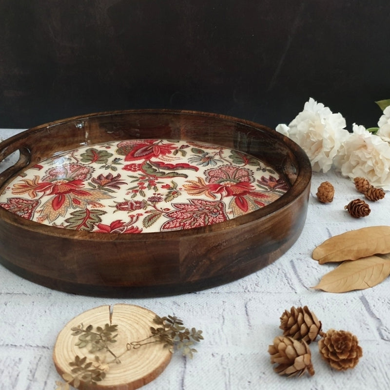 SERVING TRAY WITH HANDLE CUTS - ROUND - KALAMKARI