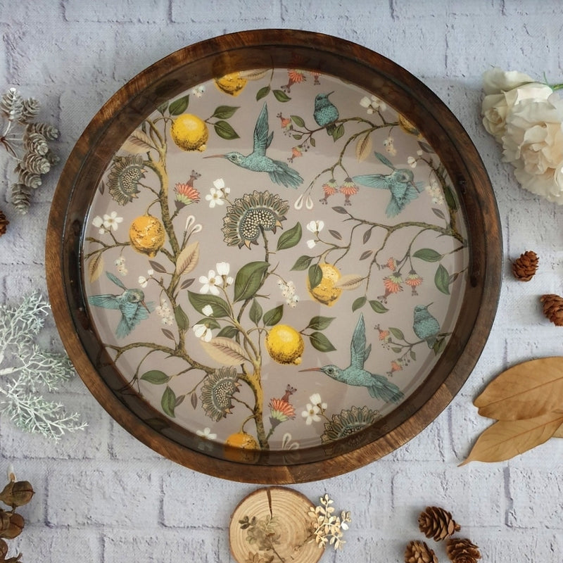 SERVING TRAY WITH HANDLE CUTS - ROUND - HUMMING BIRD