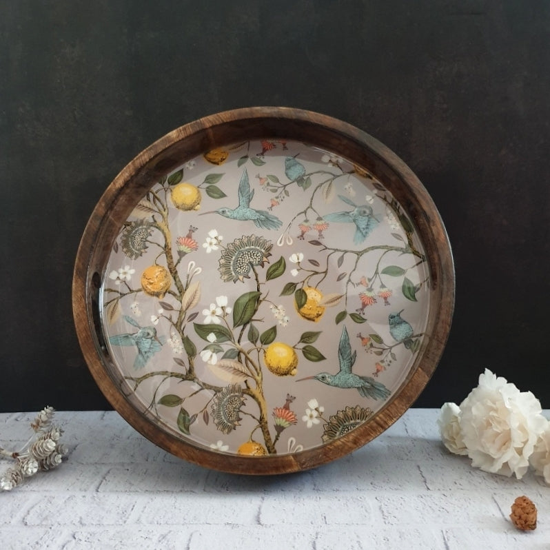 SERVING TRAY WITH HANDLE CUTS - ROUND - HUMMING BIRD