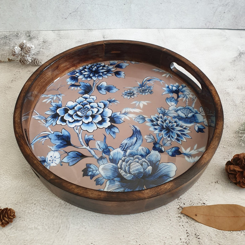SERVING TRAY WITH HANDLE CUTS - ROUND - ENCHANTED FOREST EARTHY