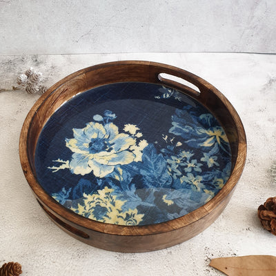 SERVING TRAY WITH HANDLE CUTS - ROUND - DENIM BLUE FLORAL