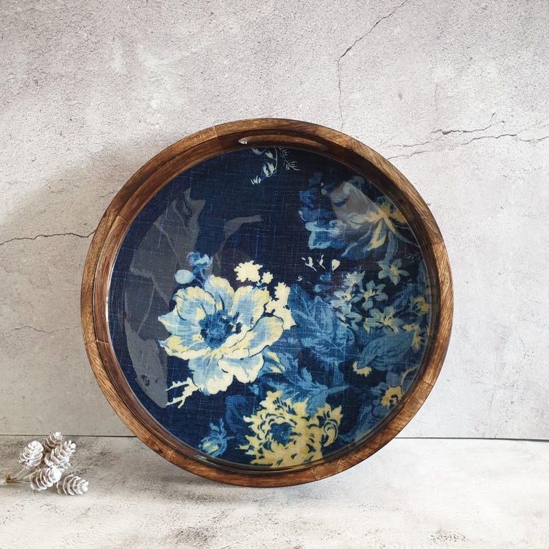 SERVING TRAY WITH HANDLE CUTS - ROUND - DENIM BLUE FLORAL