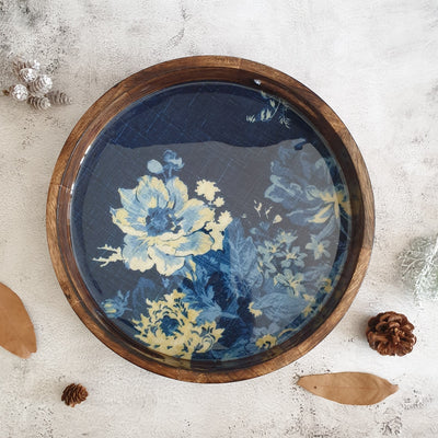 SERVING TRAY WITH HANDLE CUTS - ROUND - DENIM BLUE FLORAL