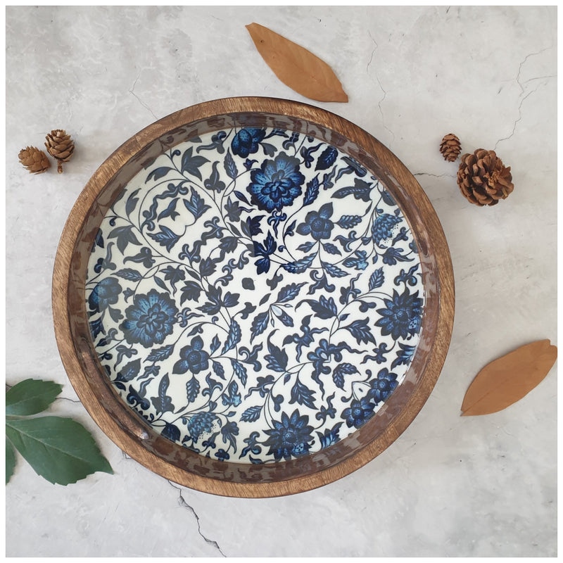 SERVING TRAY WITH HANDLE CUTS - ROUND - INDIGO BLUE FLORAL