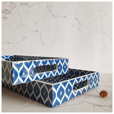 SERVING TRAY - RECTANGLE  - Set of 2 - Blue & White Ikat