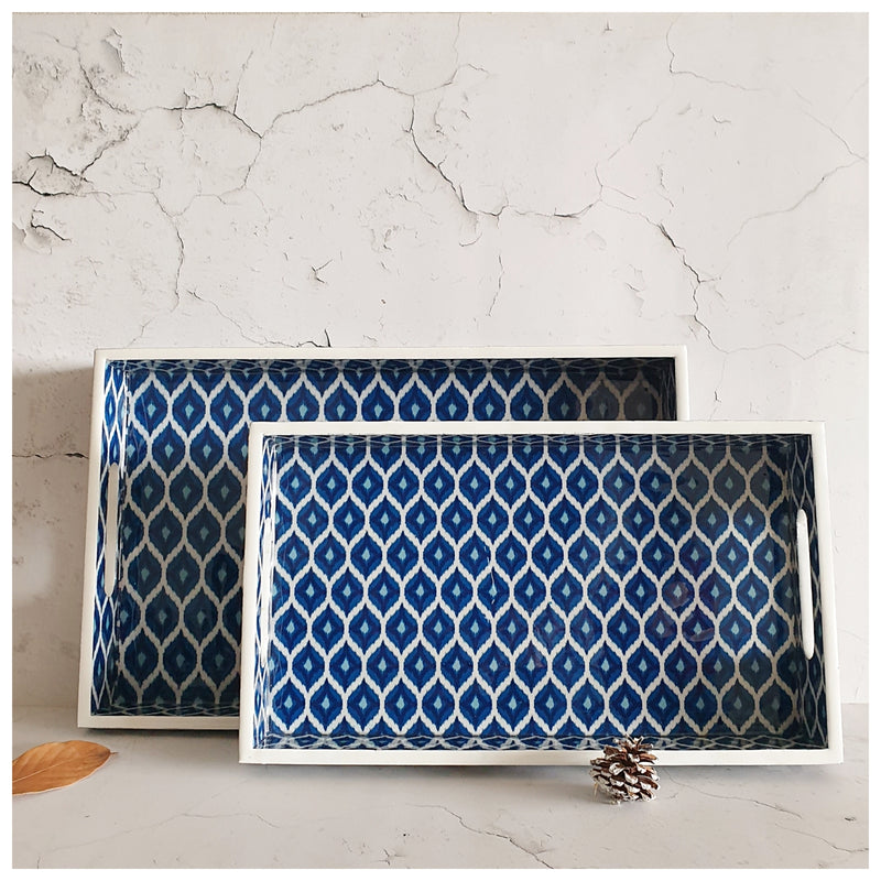 SERVING TRAY - RECTANGLE  - Set of 2 - Blue & White Ikat