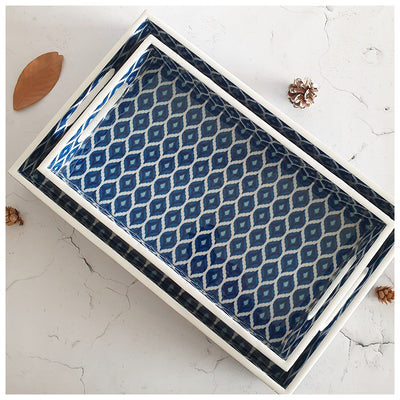 SERVING TRAY - RECTANGLE  - Set of 2 - Blue & White Ikat
