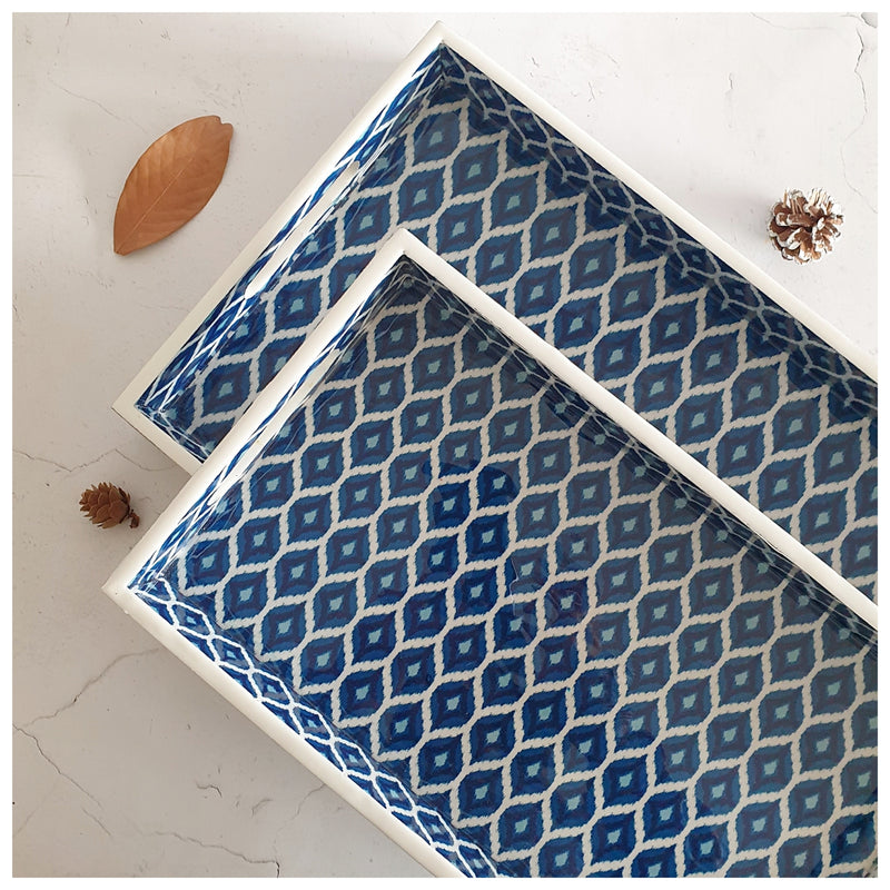 SERVING TRAY - RECTANGLE  - Set of 2 - Blue & White Ikat